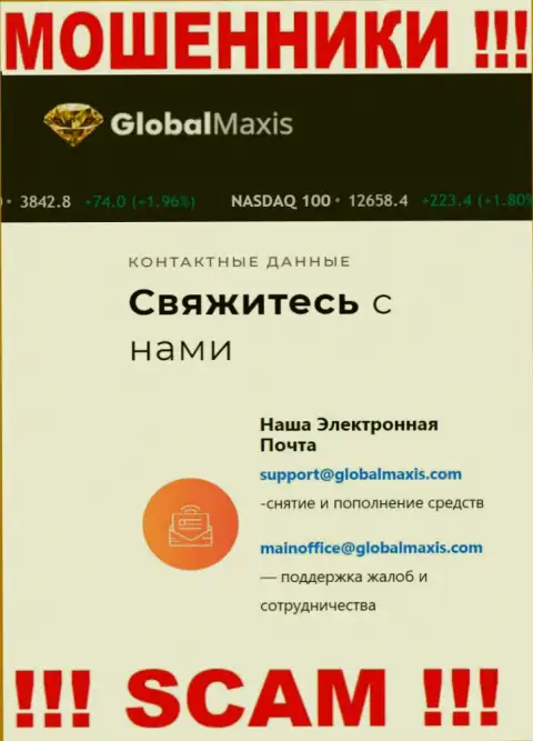 Электронный адрес мошенников ГлобалМаксис Ком, который они предоставили на своем официальном веб-портале