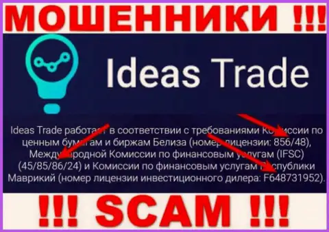 Ideas Trade не прекращает обманывать неопытных людей, показанная лицензия, на веб-сайте, для них нее преграда