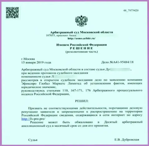 Решение арбитражного суда Московской обл. по иску мошенников Фх Про в отношении сайта Fx-Pro.Pro