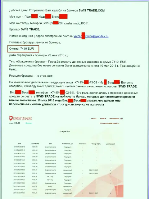 Аферисты из SwisTrade Ru обворовали форекс трейдера на более чем 7 410 EUR