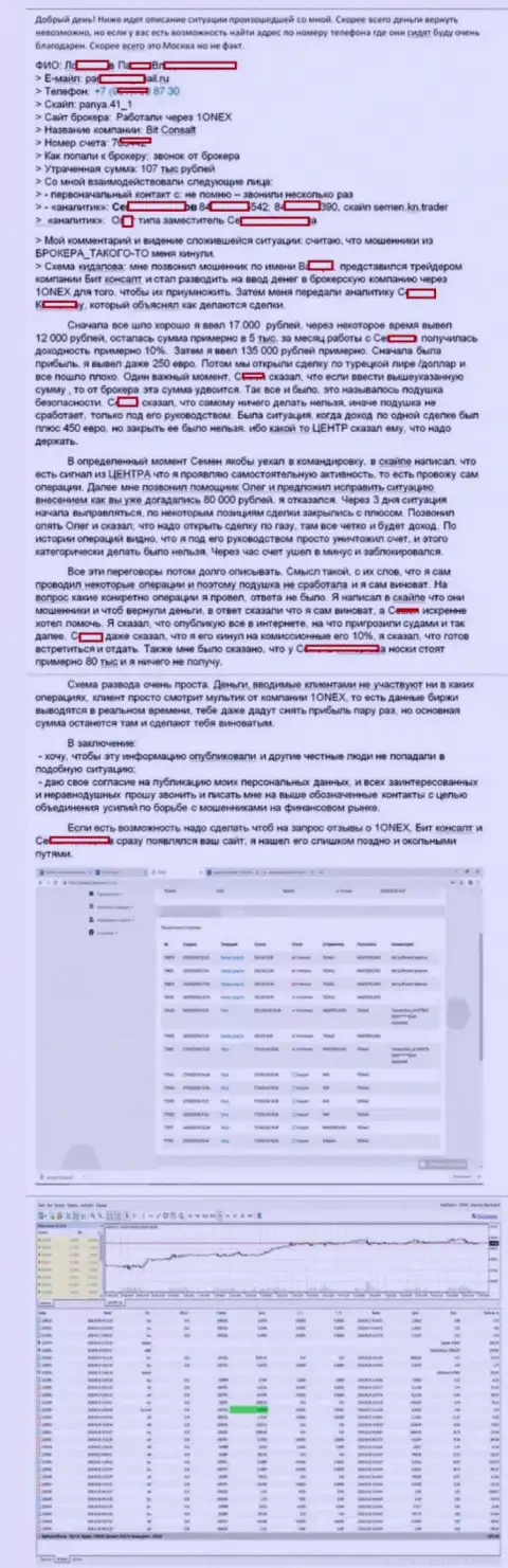 Подробная схема кидалова форекс игрока обманщиками из 1Оnex на денежную сумму в размере 107 тыс. рублей